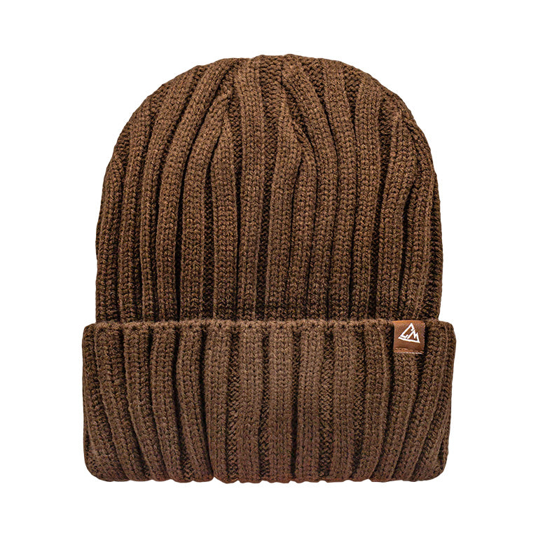 This is a brown ribbed beanie with a fold-over cuff, featuring a small triangular logo patch on the side.