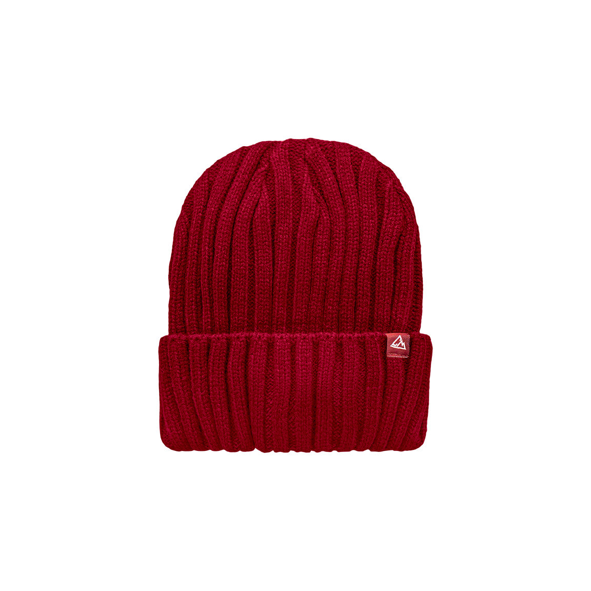 A red ribbed beanie with a fold-up cuff, which is adorned with a small triangular logo patch on the edge.