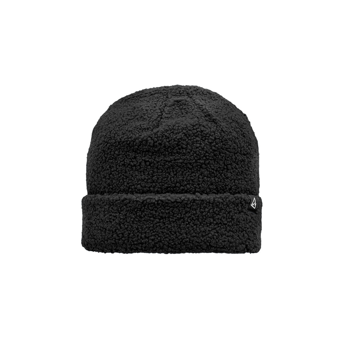 A black sherpa beanie with a soft, textured appearance and a small triangular logo patch on the cuff.