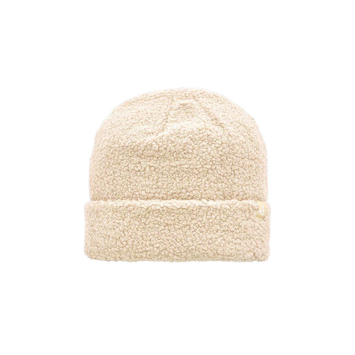 This is a cream-colored sherpa beanie with a plush, textured look and a small triangular logo patch on the cuff.