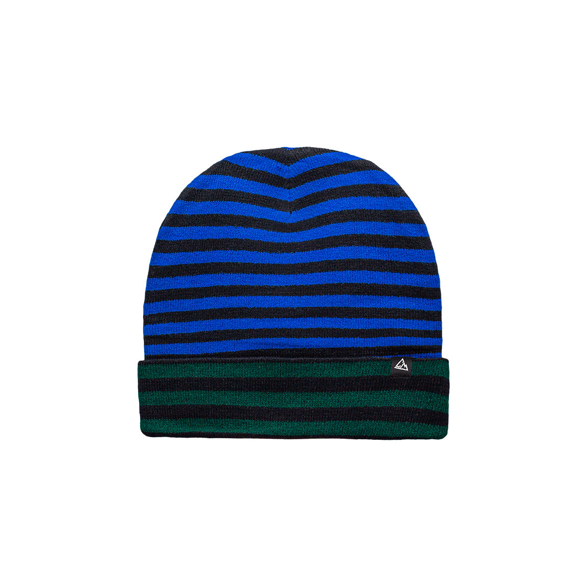 A knit beanie with bright blue and navy stripes, accented by a green and black striped band at the bottom, adorned with a small triangular logo.