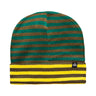 A striped beanie featuring alternating bands of teal green and mustard yellow, with a prominent yellow stripe above the bottom edge, bearing a small triangular logo.