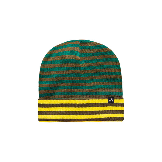 A striped beanie featuring alternating bands of teal green and mustard yellow, with a prominent yellow stripe above the bottom edge, bearing a small triangular logo.