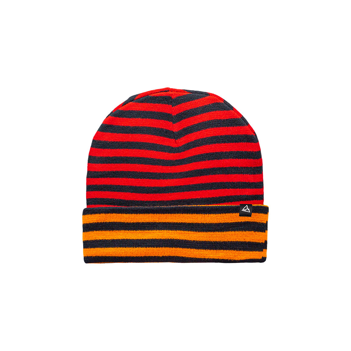 A vibrant red beanie with black stripes, finished with an orange and black striped band at the base, and a small triangular logo near the rim.