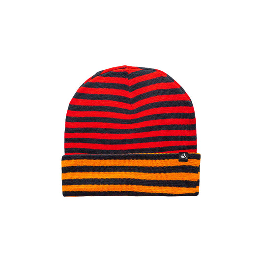 A vibrant red beanie with black stripes, finished with an orange and black striped band at the base, and a small triangular logo near the rim.