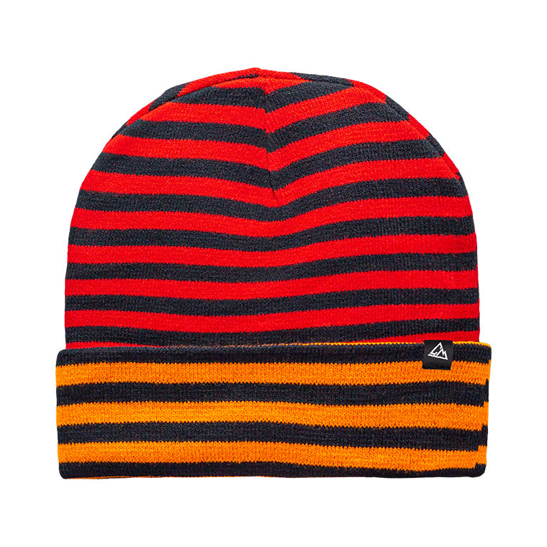 A vibrant red beanie with black stripes, finished with an orange and black striped band at the base, and a small triangular logo near the rim.