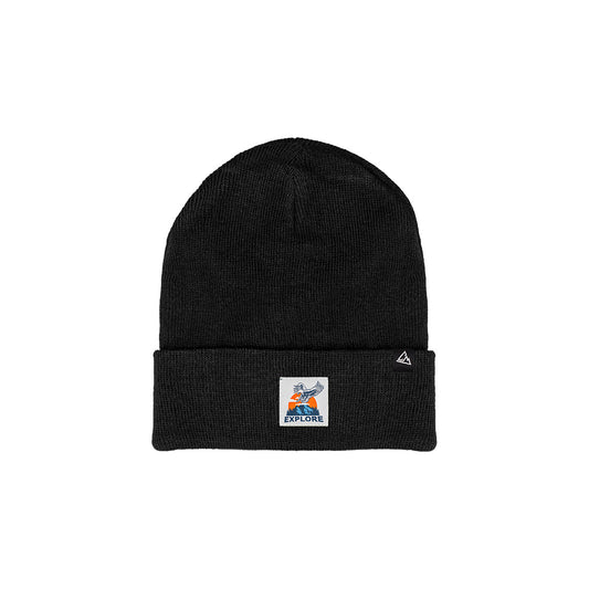 A similar black knit beanie with a folded cuff, this one has a patch depicting a shoe with wings and the word "EXPLORE" below it, implying adventure and discovery.