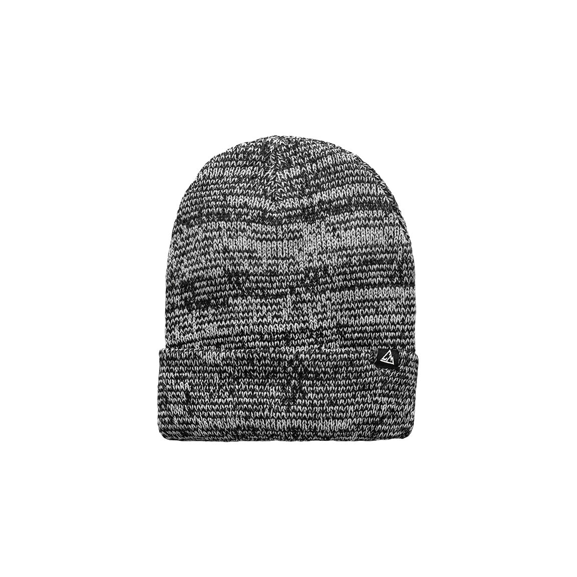 A black and white two-toned knit beanie with a subtle marled pattern throughout and a small triangular logo on the fold.
