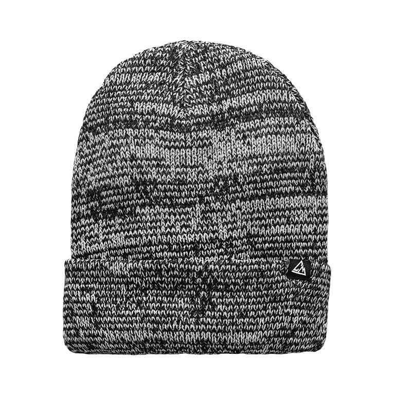 A black and white two-toned knit beanie with a subtle marled pattern throughout and a small triangular logo on the fold.