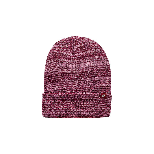 A beanie with a marled burgundy and white pattern, knitted texture, and a triangular logo accenting the folded part.