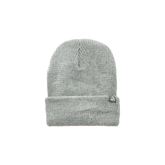 A gray beanie featuring a two-toned marled knit design and a small triangular logo on the fold-over cuff.