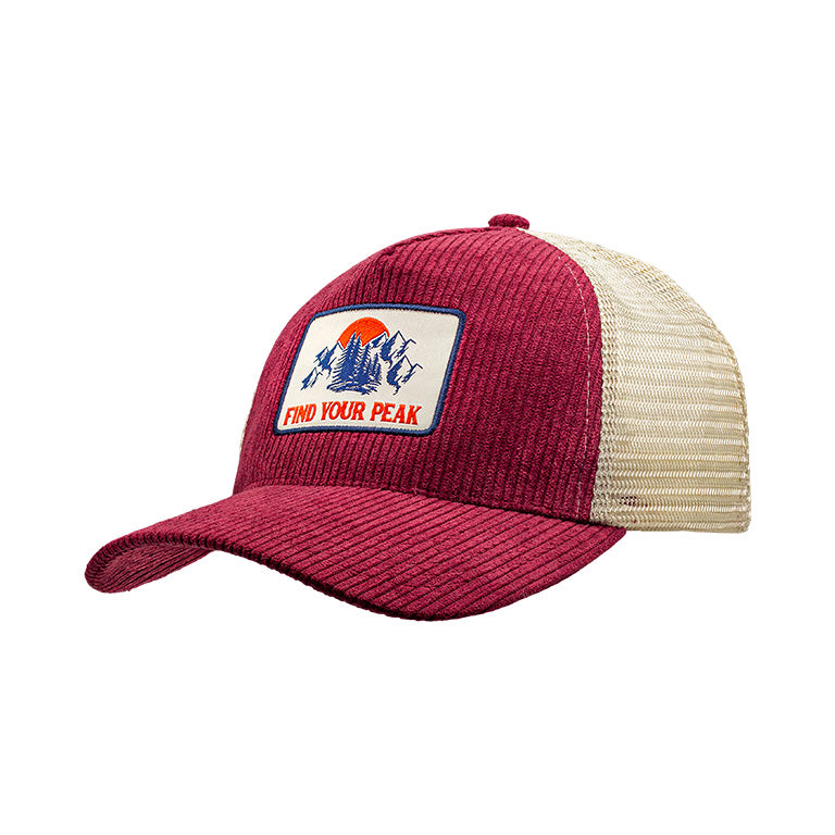 Burgundy corduroy trucker hat with cream mesh back and a rectangular embroidered patch showing mountains and the words "Find Your Peak."