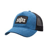Navy corduroy trucker hat with black mesh back and a rectangular embroidered patch of white stars on a black background.