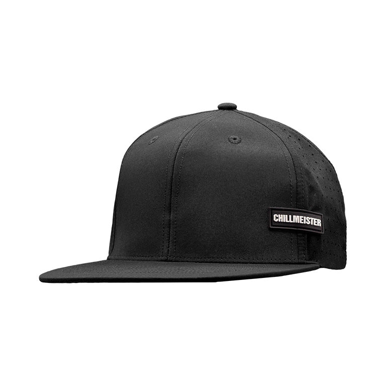 Black flatbill hat with perforated side panels, structured crown, and Chillmeister logo patch on the side.