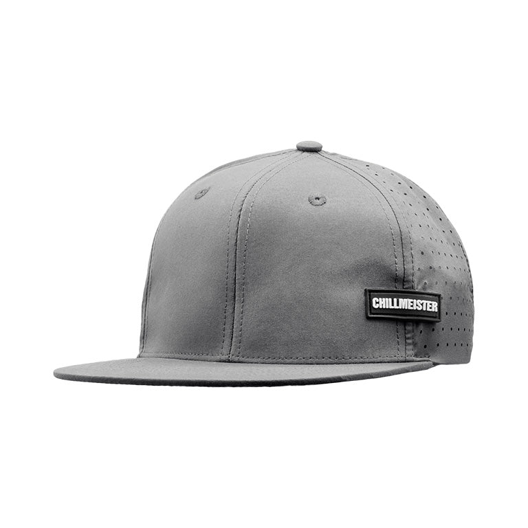 Gray flatbill hat with a structured crown, ventilation holes on the side panels, and Chillmeister branding on the side.