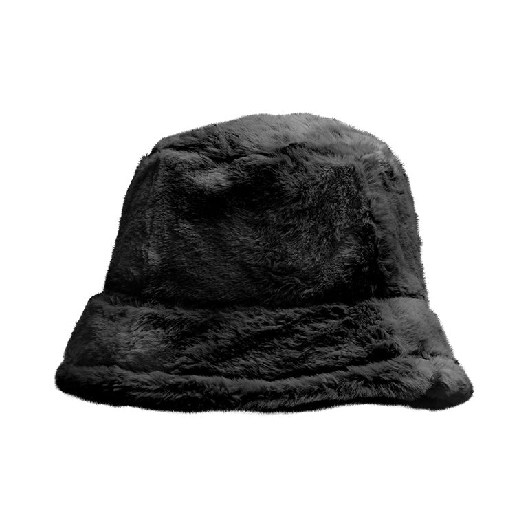 Chillmeister black fuzzy bucket hat, featuring a soft faux fur texture and a cozy, stylish design. Ideal for casual winter fashion.