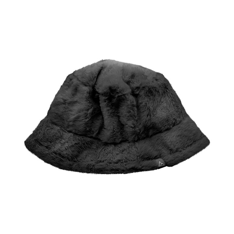 Chillmeister black fuzzy bucket hat with soft faux fur texture, featuring a small triangle logo tag and cozy design. Perfect for adding warmth and style to winter outfits.