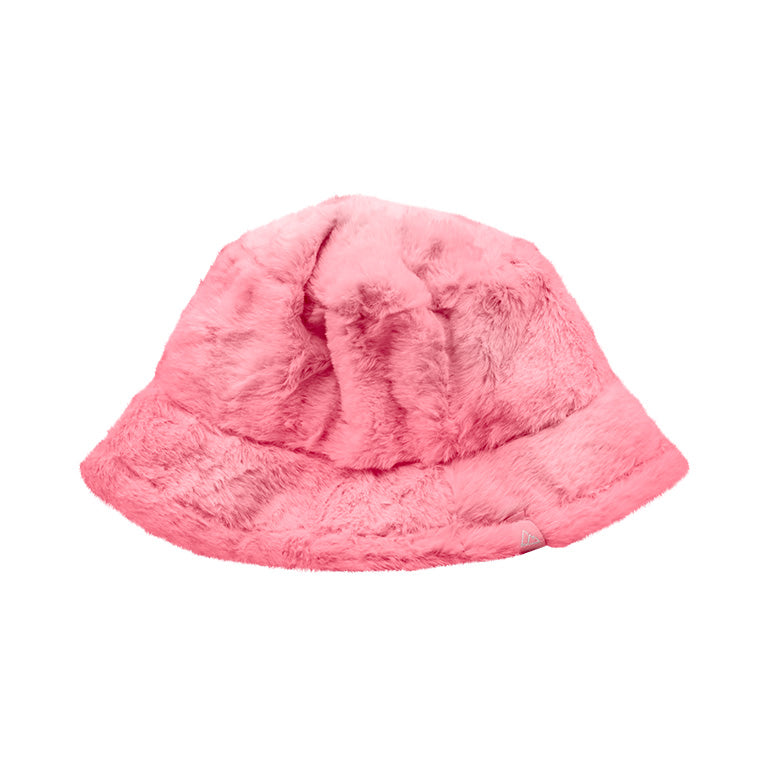 Chillmeister pink fuzzy bucket hat with soft faux fur texture, featuring a small triangle logo tag and cozy design. Perfect for adding warmth and style to winter outfits