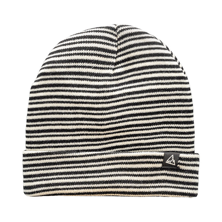 Chillmeister black and cream striped beanie with a fold-over cuff and a small triangle logo tag. A versatile and stylish winter accessory perfect for casual wear