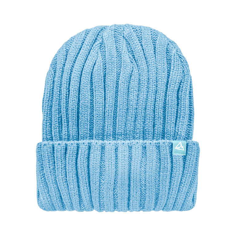 Chillmeister light blue thick ribbed beanie with a fold-over cuff and a small triangle logo tag. Designed for warmth and comfort, offering a cozy fit for winter days.