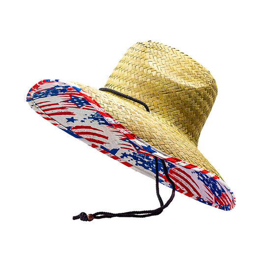 Straw Hat with Fabric Lining USA Flag