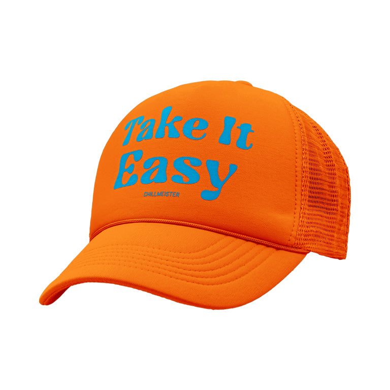 Orange cap with 'Take It Easy' text on a white background