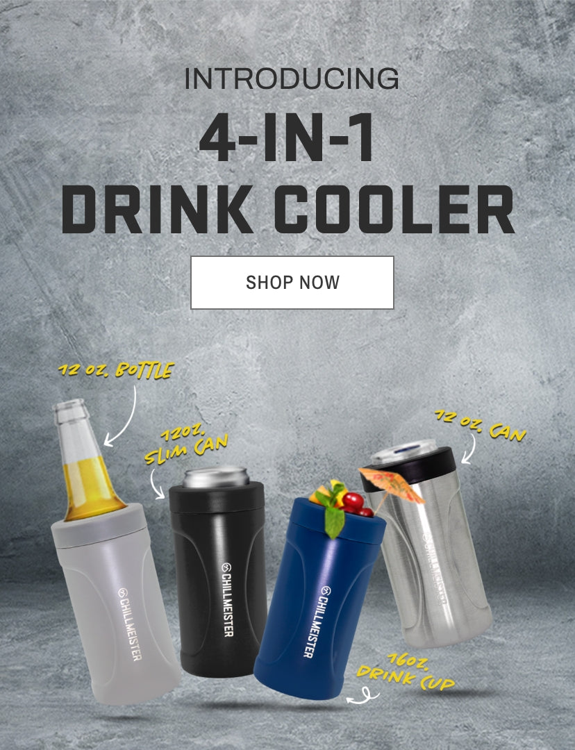 A banner with drink coolers with different size cans and bottles inside them